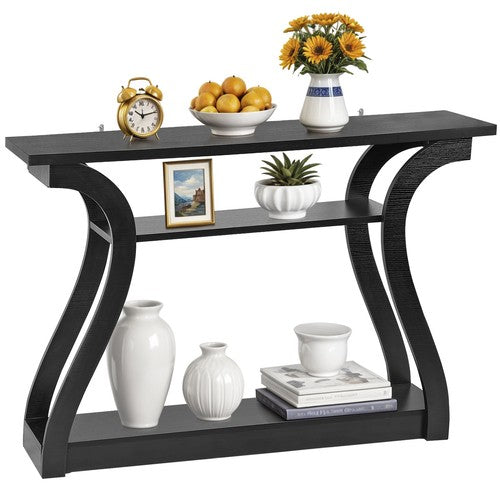 Segawe Wood Console Table 3 Tier Modern Accent Sofa Table with Curved Legs Shelf Black