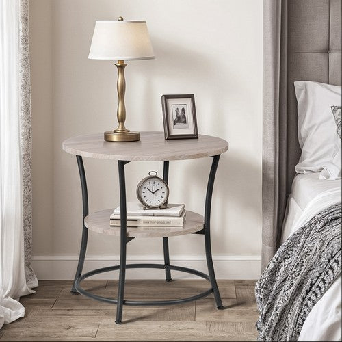 Segawe Round End Table w/ 2-Tier Storage Shelves Industrial Side Table for Living Room