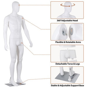 Segawe Male Mannequin Dress Form 73" Adjustable Stand w/Base White Mannequin Full Body