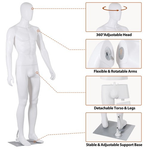 Segawe Male Mannequin Dress Form 73" Adjustable Stand w/Base White Mannequin Full Body