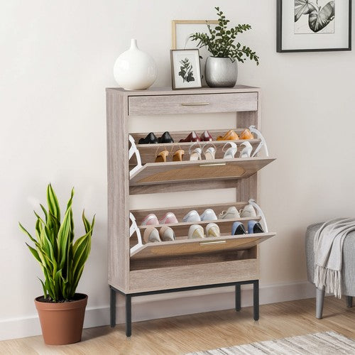 Segawe Shoe Storage Cabinet Shoe Rack Organizer with 2 Rattan Flip Drawers & Metal Legs