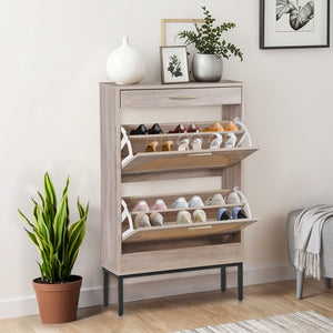 Segawe Shoe Storage Cabinet Shoe Rack Organizer with 2 Rattan Flip Drawers & Metal Legs