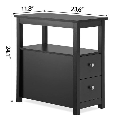 Segawe Black End Table with 2 Drawer and Open Shelf Narrow Side Table for Living Room