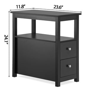 Segawe Black End Table with 2 Drawer and Open Shelf Narrow Side Table for Living Room
