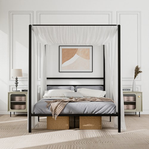 Segawe Metal Canopy Platform Bed Frame Queen Size Four-Poster w/Headboard Slat Support
