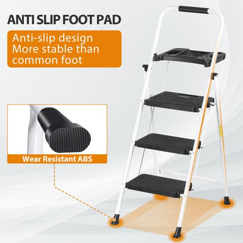 Segawe 3 Step Ladder with Tool Platform Folding Step Stool with Anti-Slip Pedal White