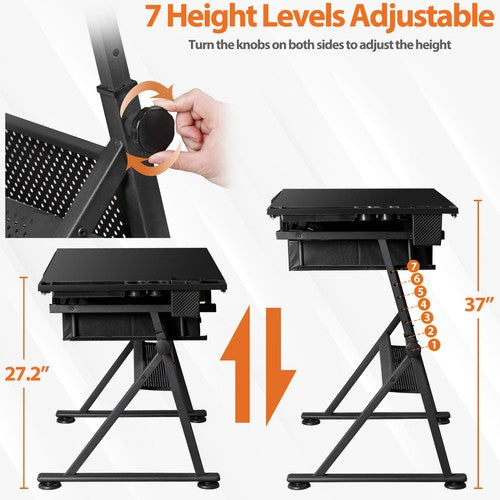 Segawe Drafting Desk Drawing Table Adjustable w/ Stool Arts & Charging Station Black