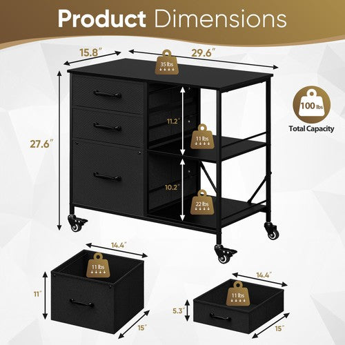 Segawe Black Mobile File Cabinet Lockable Filing Storage w/ 3 Drawers & Open Shelves