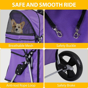 Segawe Pet Stroller 4 Wheels Dog Cat Stroller Foldable Pet Stroller w/Cup Holder Purple