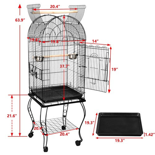 Segawe 64" Rolling Bird Cage w/Open Play Top for Small Parrot Cockatiel Parakeet Home