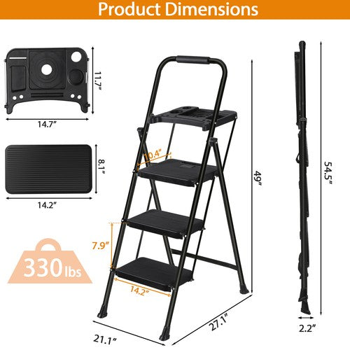 Segawe 3-Step Ladder w/ Tool Tray Portable Folding Wide Anti-Slip Step Stool Home Black