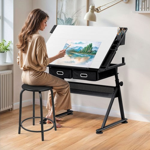 Segawe Drafting Table Drawing Adjustable Craft Desk Tabletop with Stool & Drawers White