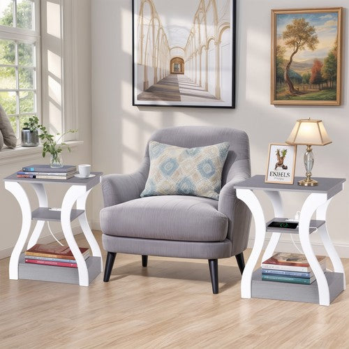 Segawe 2X 3 Tier End Table Small Bedside Table Nightstand for Bedroom Living Room Gray