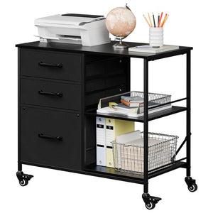 Segawe Black Mobile File Cabinet Lockable Filing Storage w/ 3 Drawers & Open Shelves
