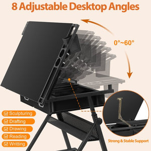 Segawe Drafting Desk Drawing Table Adjustable w/ Stool Arts & Charging Station Black