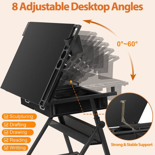 Segawe Drafting Desk Drawing Table Adjustable w/ Stool Arts & Charging Station Black