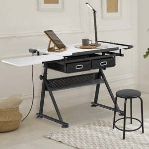 Segawe Drafting Table Drawing Adjustable Craft Desk Tabletop with Stool & Drawers White