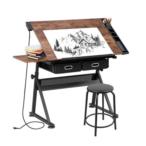 Segawe Drafting Table Drawing Desk Adjustable Tabletop w/Charging Station & Stool Retro