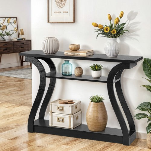 Segawe Wood Console Table 3 Tier Modern Accent Sofa Table with Curved Legs Shelf Black