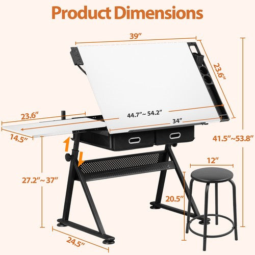 Segawe Drafting Table Drawing Adjustable Craft Desk Tabletop with Stool & Drawers White