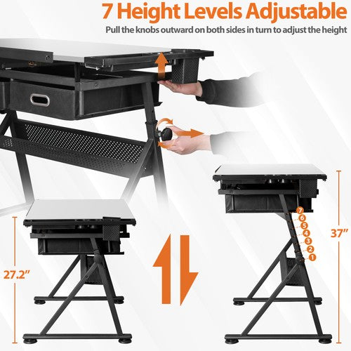 Segawe Drafting Table Drawing Adjustable Craft Desk Tabletop with Stool & Drawers White