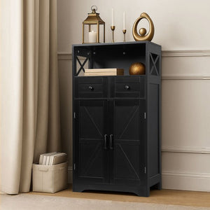 Segawe Farmhouse Storage Cabinet Bathroom Floor Cabinet Kitchen Pantry w/ Drawers Black