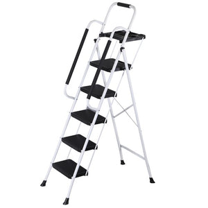 Segawe 5 Step Ladder Folding Steel Step Stoo w/Non-Slip Wide Pedal and Tool Tray White