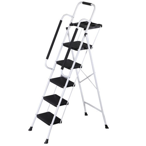 Segawe 5 Step Ladder Folding Steel Step Stoo w/Non-Slip Wide Pedal and Tool Tray White