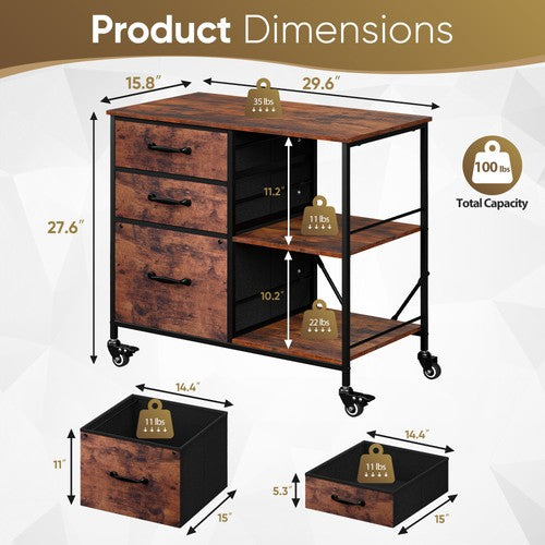 Segawe Mobile File Cabinet Wood Lateral Filing Cabinet w/3 Drawers and Open Shelf Brown