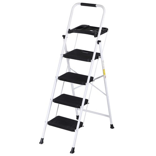 Segawe 4 Step Ladder Folding Steel Ladder with Non-Slip Wide Pedal and Tool Tray White