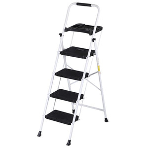 Segawe 4 Step Ladder Folding Steel Ladder with Non-Slip Wide Pedal and Tool Tray White