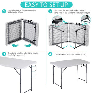 Segawe Folding Table Adjustable 4FT Plastic Table Picnic Camping w/Carry Handle White