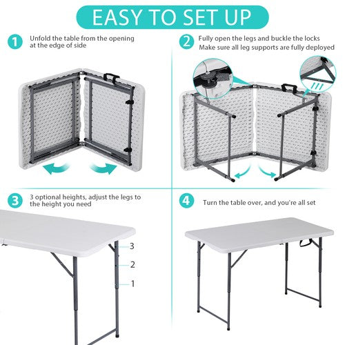 Segawe Folding Table Adjustable 4FT Plastic Table Picnic Camping w/Carry Handle White