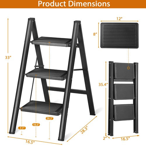 Segawe Step Ladder Folding 3 Step Stool w/Wide Anti-Slip Pedal 330lbs Lightweight Black