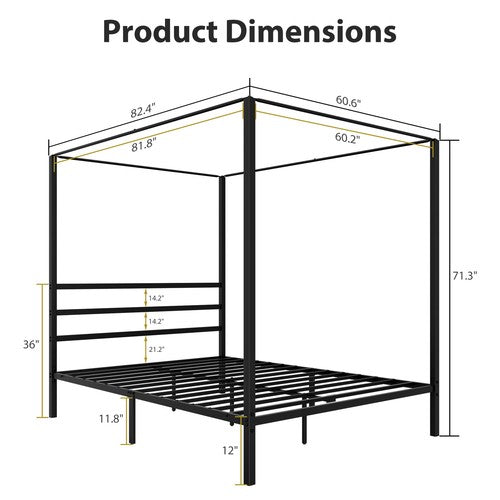 Segawe Metal Canopy Platform Bed Frame Queen Size Four-Poster w/Headboard Slat Support