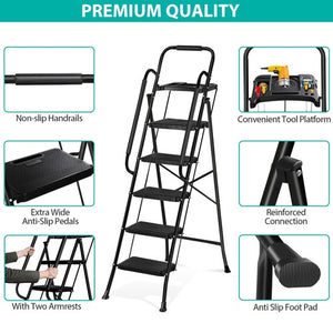 Segawe 5 Step Ladder w/ Handrails Folding Step Stool Anti-Slip Pedal w/Tool Tray Black