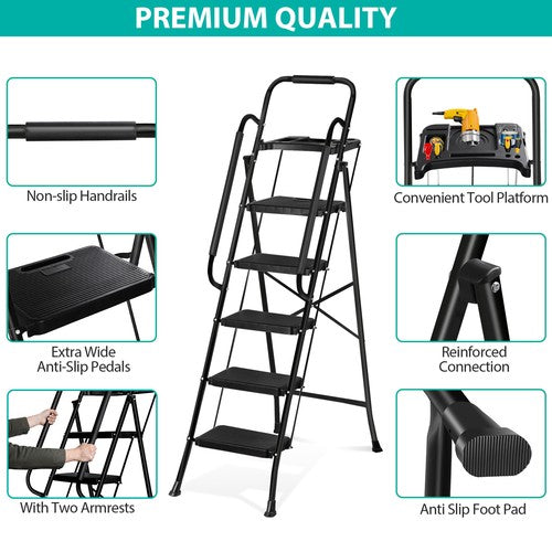 Segawe 5 Step Ladder w/ Handrails Folding Step Stool Anti-Slip Pedal w/Tool Tray Black