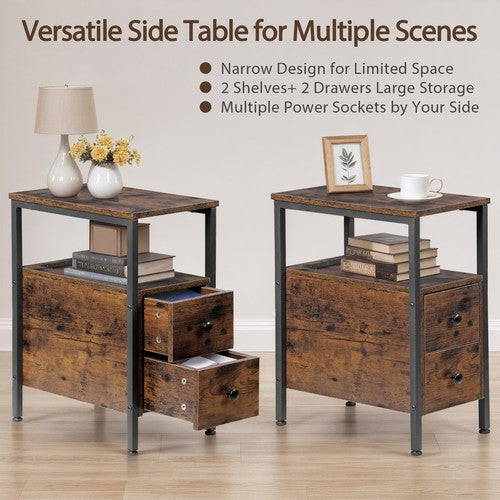 Segawe 24 inch Narrow Side End Table with Drawers and Charging Station for Living Room