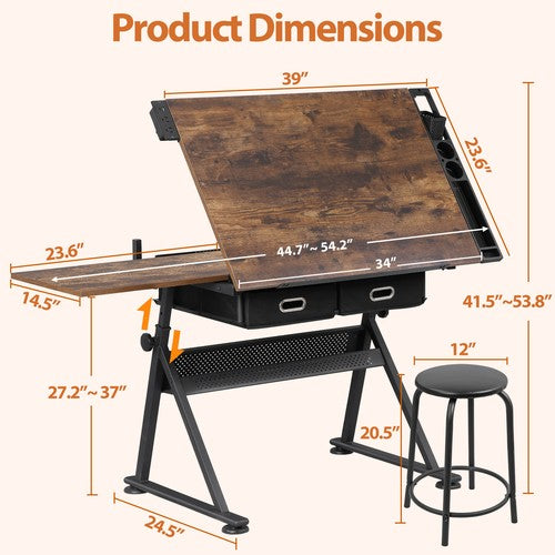Segawe Drafting Table Drawing Desk Adjustable Tabletop w/Charging Station & Stool Retro