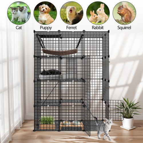Segawe 4-Tier Cat Cage Indoor Cat Enclosures DIY Detachable Metal Cat Kennel w/Hammock
