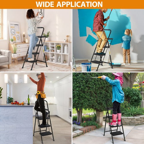 Segawe 3-Step Ladder w/ Tool Tray Portable Folding Wide Anti-Slip Step Stool Home Black
