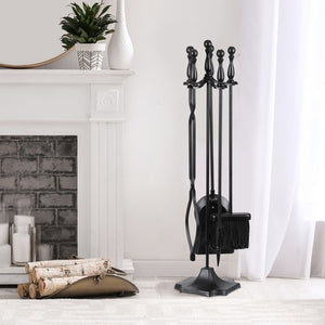 Segawe 5PCS Fireplace Tools Wrought Iron Large Fire Tool Set and Holder w/Black Handles