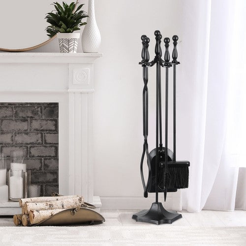 Segawe 5PCS Fireplace Tools Wrought Iron Large Fire Tool Set and Holder w/Black Handles