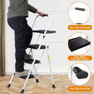 Segawe 3 Step Ladder with Tool Platform Folding Step Stool with Anti-Slip Pedal White
