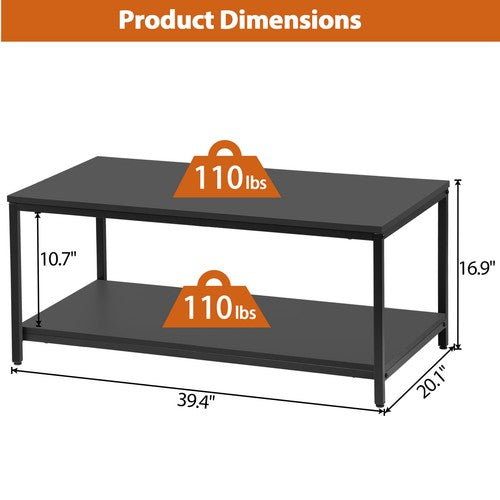 Segawe Black Coffee Table for Living Room Rectangle 2-Tier Coffee Tables with Storage