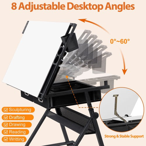 Segawe Drafting Table Drawing Adjustable Craft Desk Tabletop with Stool & Drawers White