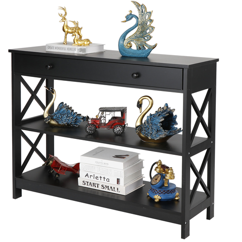 Segawe 3 Tiers Console Table w/Drawer Sofa Table Hallway Durable Storage Shelf Black