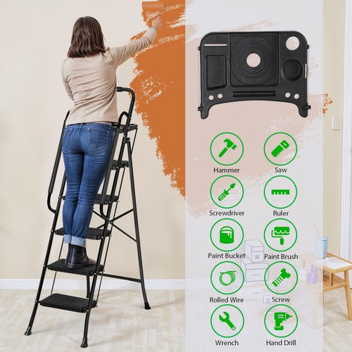 Segawe 5 Step Ladder w/ Handrails Folding Step Stool Anti-Slip Pedal w/Tool Tray Black