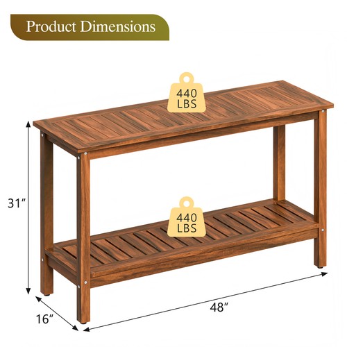 Segawe 2-Shelf Wooden Console Table Indoor Outdoor Multifunctional 48" w/Foot Sliders