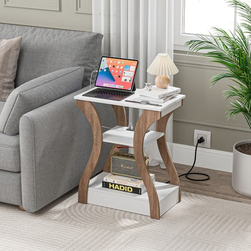 Segawe Set of 2 End Tables Accent Sofa Tables w/Curved Legs & Charging Station White